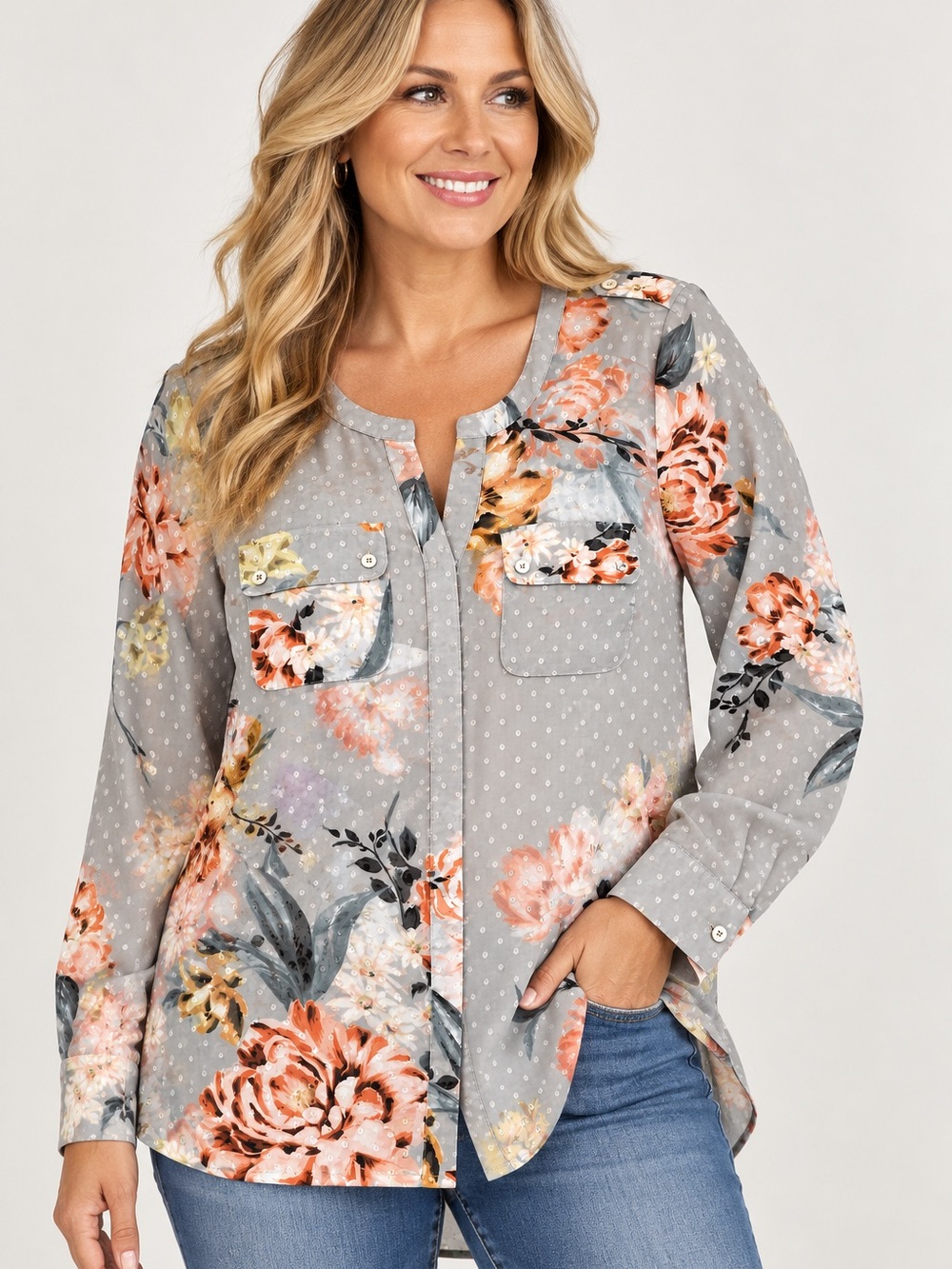 Daniel Rainn Gray Floral Button-Front Shirt -Size Large
